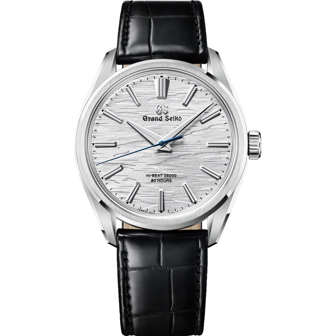 A Grand Seiko SLGW003 on a black alligator strap, its silvery white dial carrying a vertical bark like relief, printed Hi-Beat 36000 80 Hours, with broad flat topped lugs