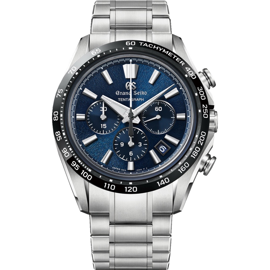 A Grand Seiko SLGC001 Tentagraph, a chronograph with a black tachymeter bezel, blue dial and three recessed subdials, with pushers either side of the crown