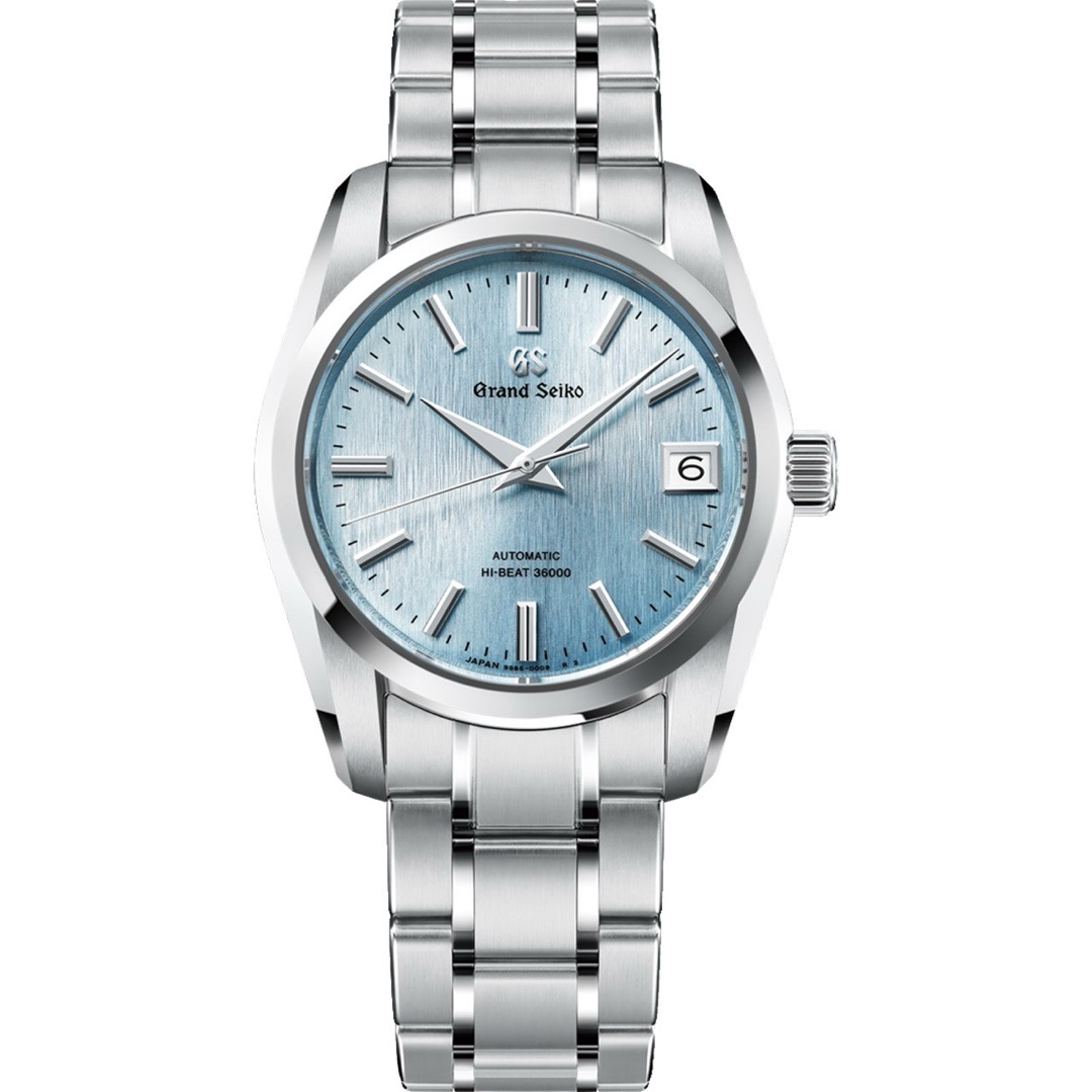 A Grand Seiko SBGH347 seen head on, its pale ice blue dial vertically striated, printed Automatic Hi-Beat 36000, in a bright steel case and bracelet