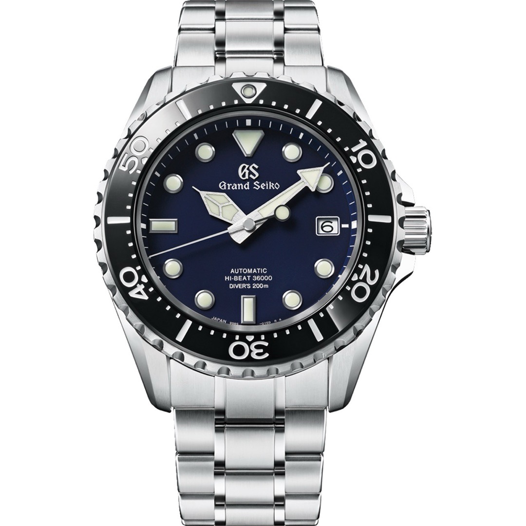 A Grand Seiko SBGH289 seen head on, a diver with a black rotating bezel, deep blue dial, round luminous plots and Diver's 200m printed on the dial