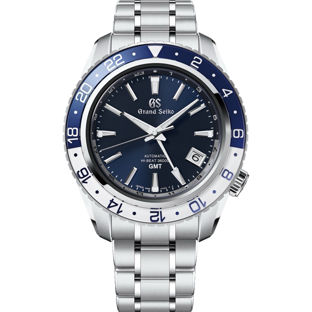 A Grand Seiko SBGJ237 with a two tone blue and white 24 hour rotating bezel over a blue sunray dial, and a separate arrow tipped hand for a second time zone